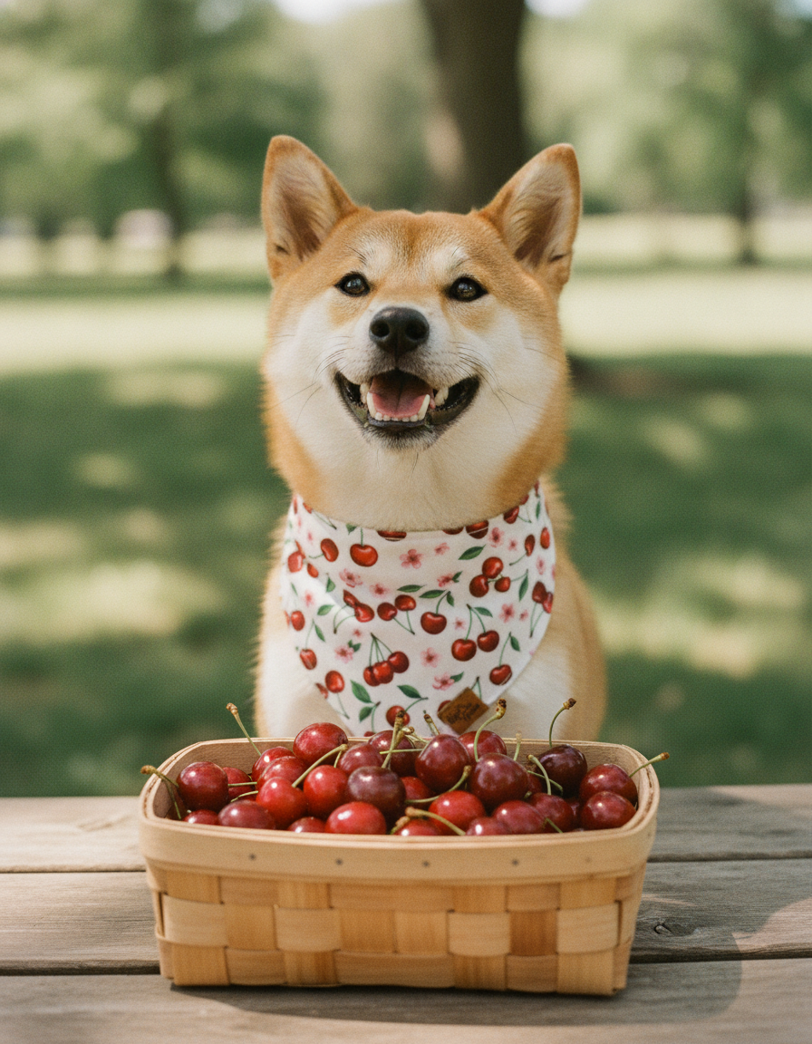 Shiba Inu wearing the Cherry Pop reversible dog bandana in ivory beside a basket of cherries