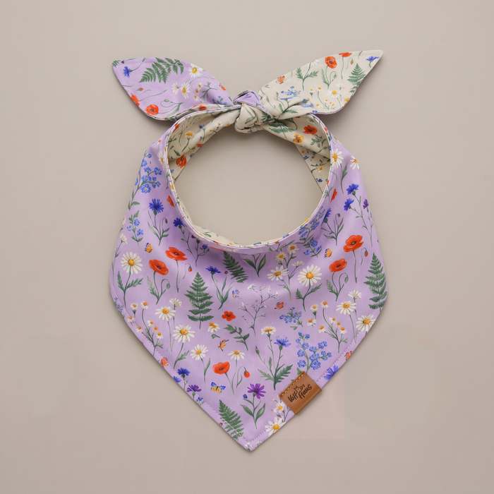 Wildflower Meadow reversible dog bandana, Lilac Meadow side, tied flat lay