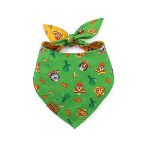Green bandana with cartoon dog and cactus pattern on a white background