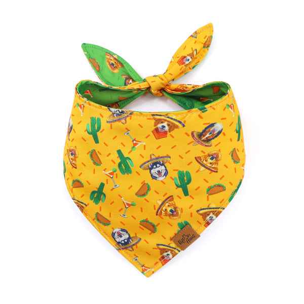 Yellow bandana with cartoon dog and cactus pattern on a white background