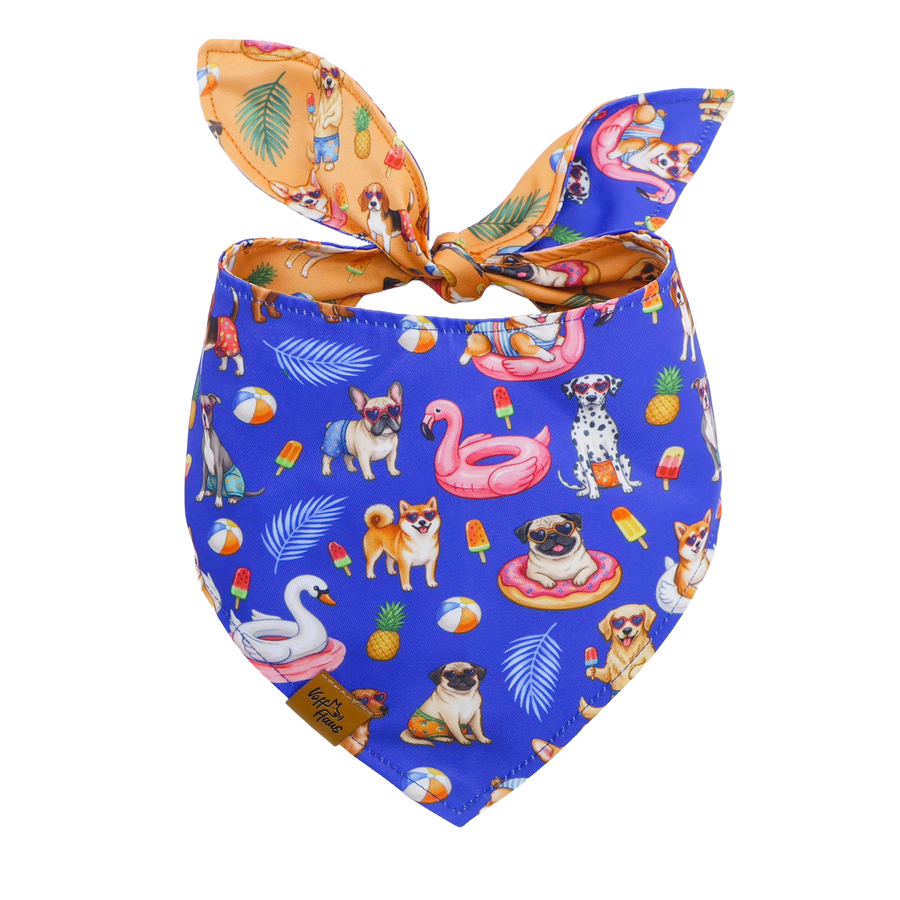 Pool Pawty reversible dog bandana, electric blue side with poolside pups, flamingo floats and popsicles