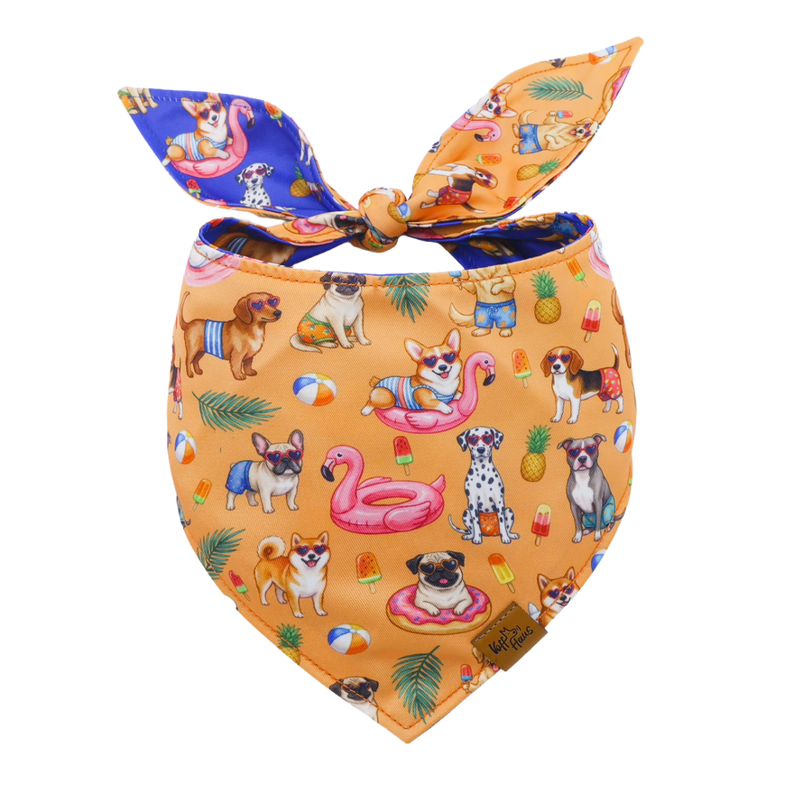Pool Pawty reversible dog bandana, orange side with poolside pups, flamingo floats and popsicles