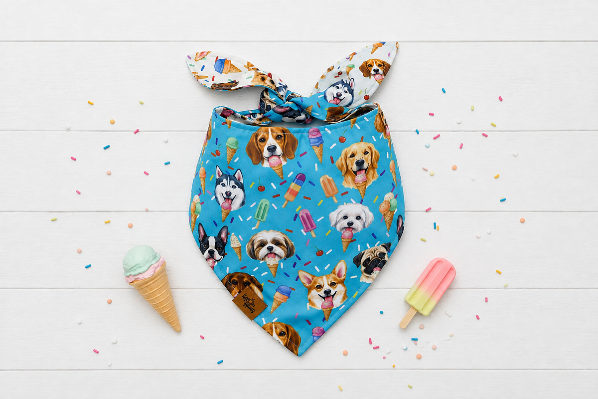 Scoops & Snoots reversible dog bandana, sky blue side with dog faces, cones and sprinkles
