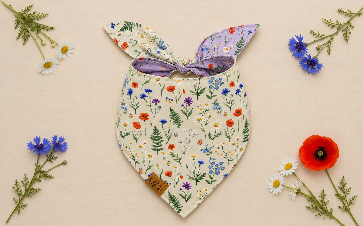 The Wildflower Meadow reversible dog bandana tied flat, cream side with poppies, cornflowers and daisies