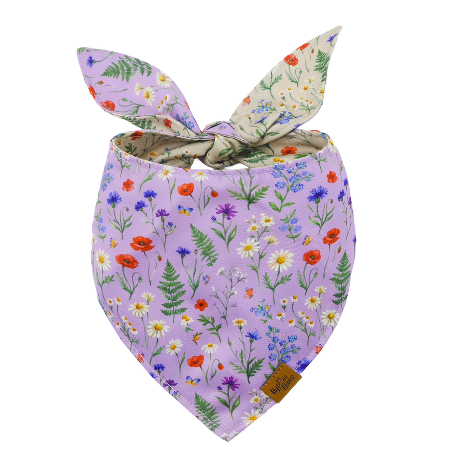 Bandana réversible pour chien Prairie fleurie, face lavande avec coquelicots, bleuets et marguerites
