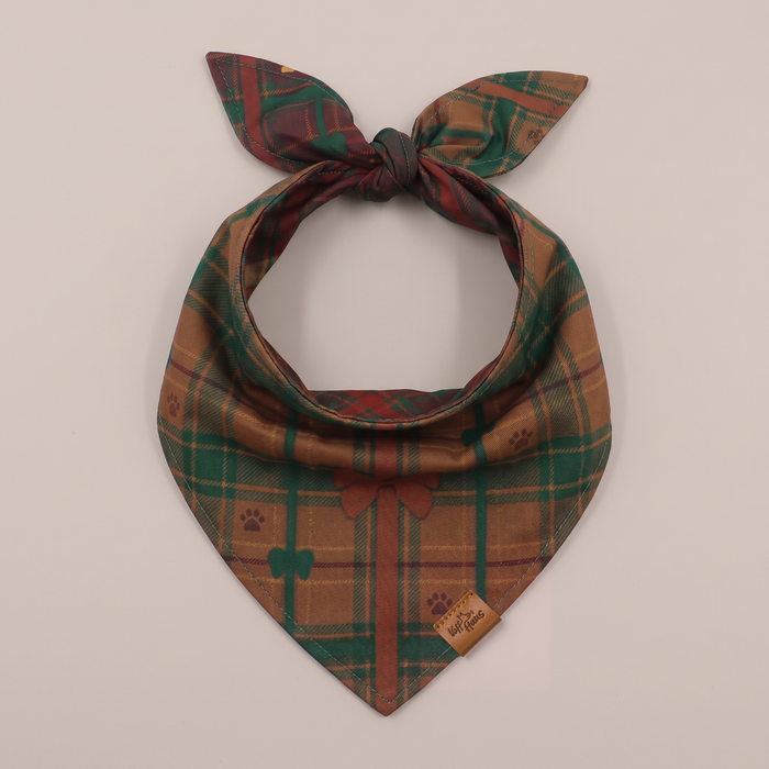 Bark The Halls reversible dog bandana, Forest Plaid side, tied flat lay