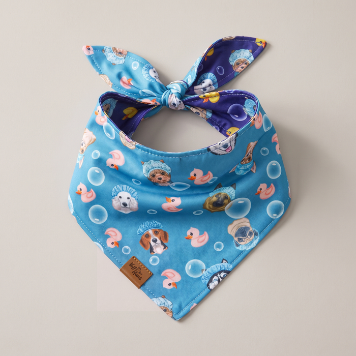 Barky Ducky reversible dog bandana, Bubble Blue side, tied flat lay
