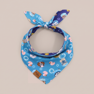 Barky Ducky reversible dog bandana, Bubble Blue side, tied flat lay
