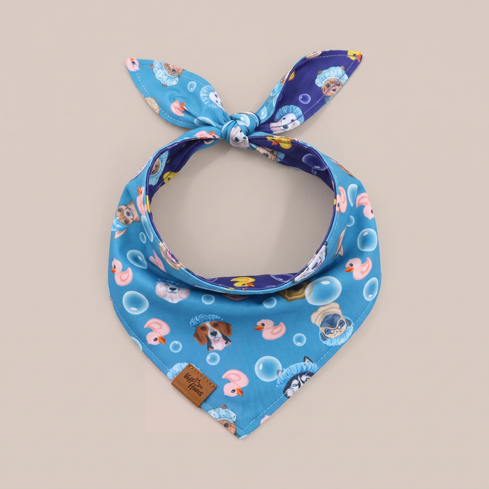Barky Ducky reversible dog bandana, Bubble Blue side, tied flat lay