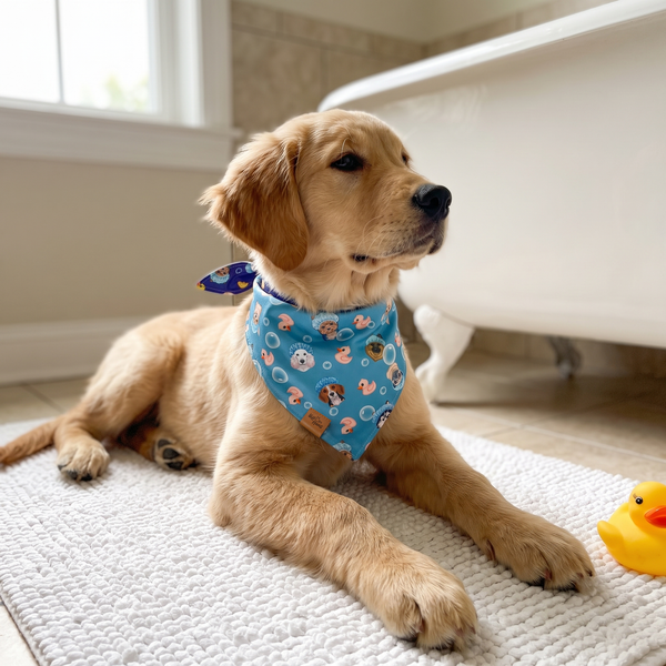 A dog wearing the Bubble Blue side of the Barky Ducky bandana