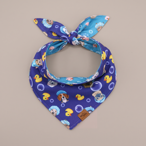 Barky Ducky reversible dog bandana, Midnight Blue side, tied flat lay
