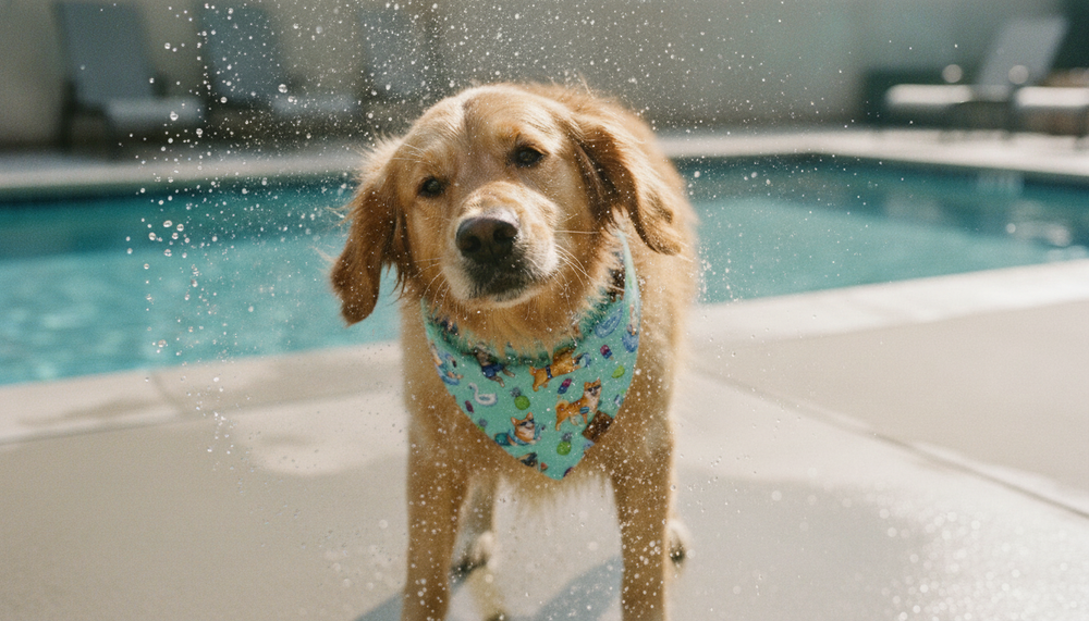 Golden Retriever shaking off water beside a pool wearing the Endless Pawty reversible dog bandana