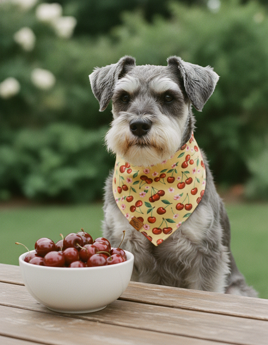Schnauzer wearing the Cherry Pop reversible dog bandana in golden yellow beside a bowl of cherries