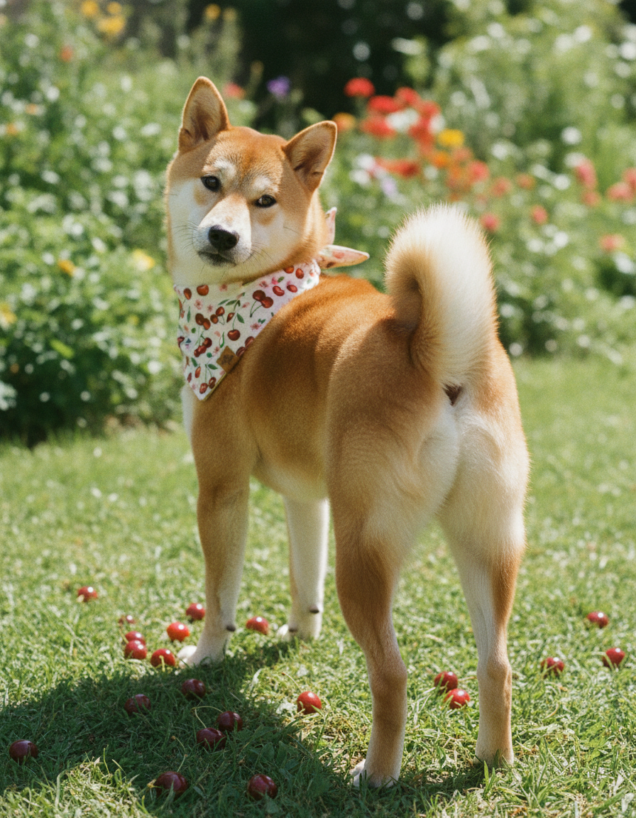 Shiba Inu standing on a lawn wearing the Cherry Pop reversible dog bandana in ivory
