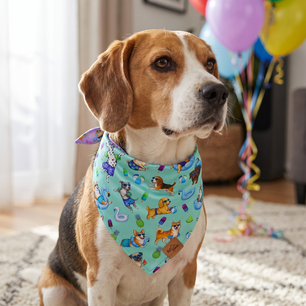 A dog wearing the Mint side of the Endless Pawty bandana