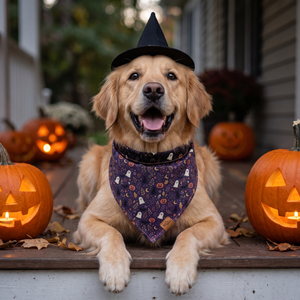A golden retriever in a witch hat wearing the Twilight Plum side of the Barks After Dark bandana