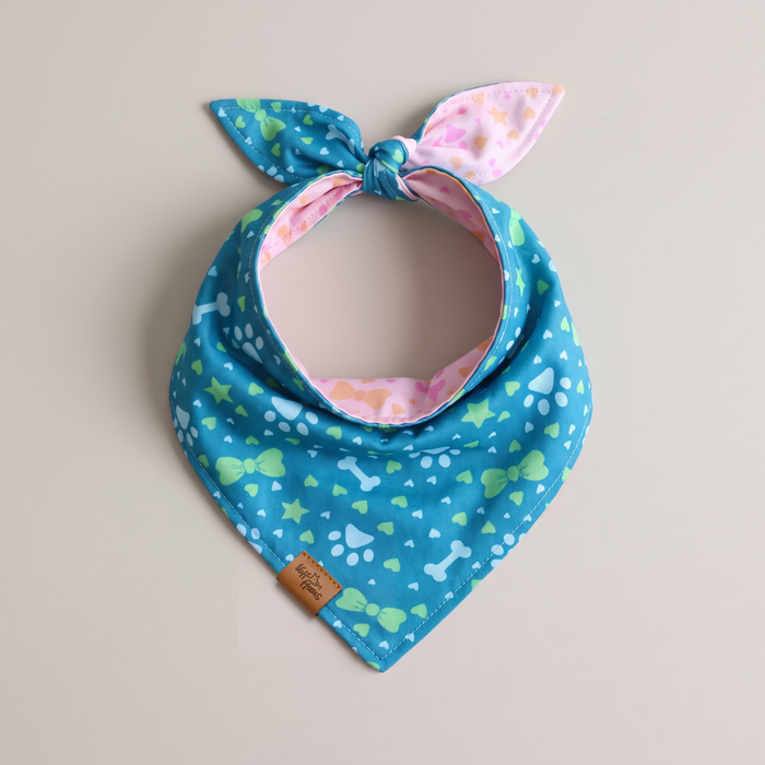 Pawprints & Love reversible dog bandana, Teal Paws side, tied flat lay