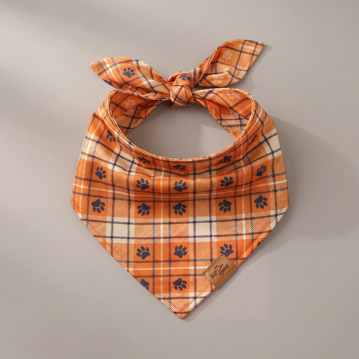 Plaid Paws reversible dog bandana, Marmalade Plaid side, tied flat lay