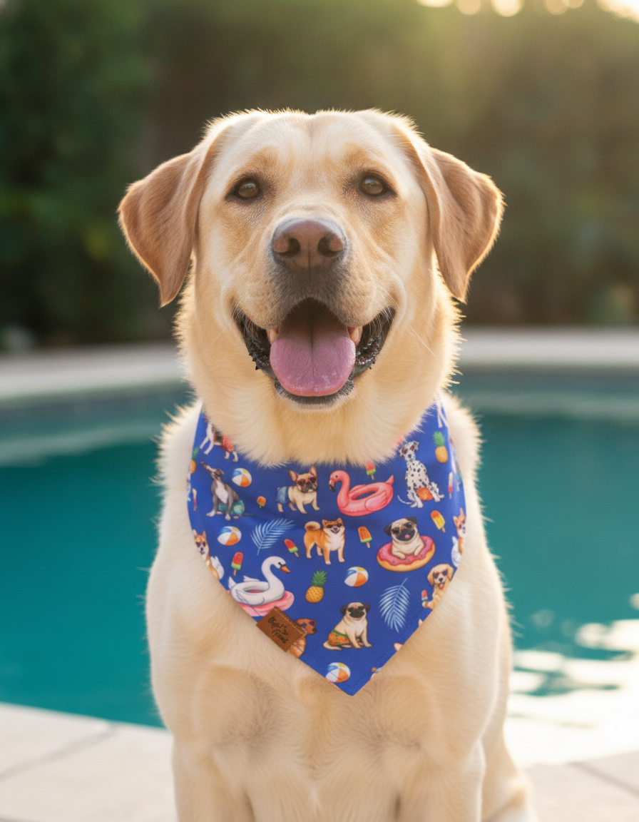Yellow Labrador sitting beside a swimming pool wearing the Pool Pawty reversible dog bandana in royal blue