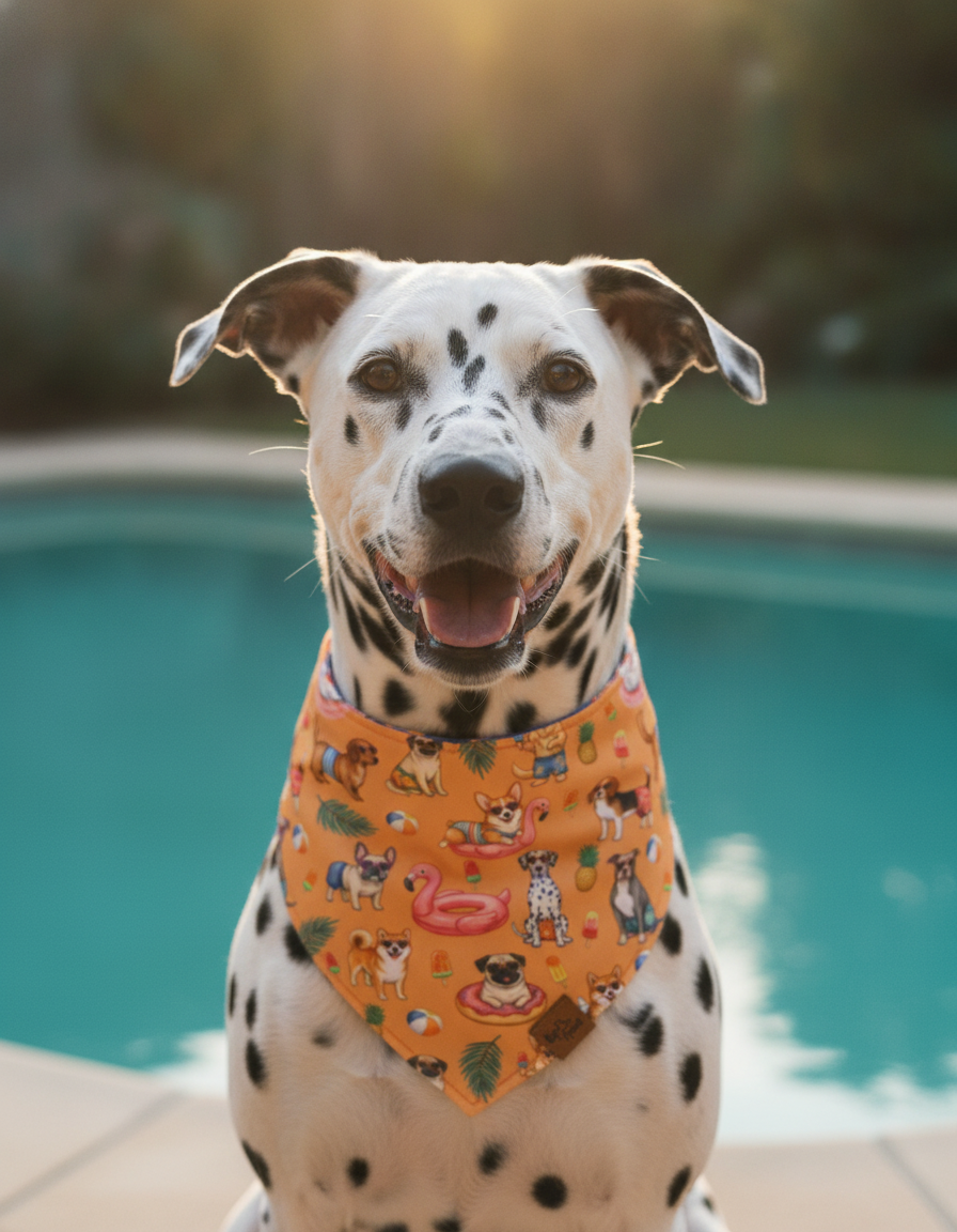 Dalmatian sitting beside a swimming pool wearing the Pool Pawty reversible dog bandana in tangerine