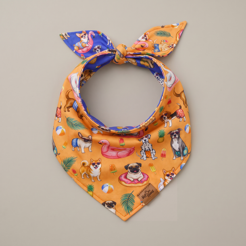 Pool Pawty reversible dog bandana, Sunshine side, tied flat lay