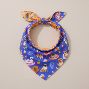 Pool Pawty reversible dog bandana, Deep Blue side, tied flat lay