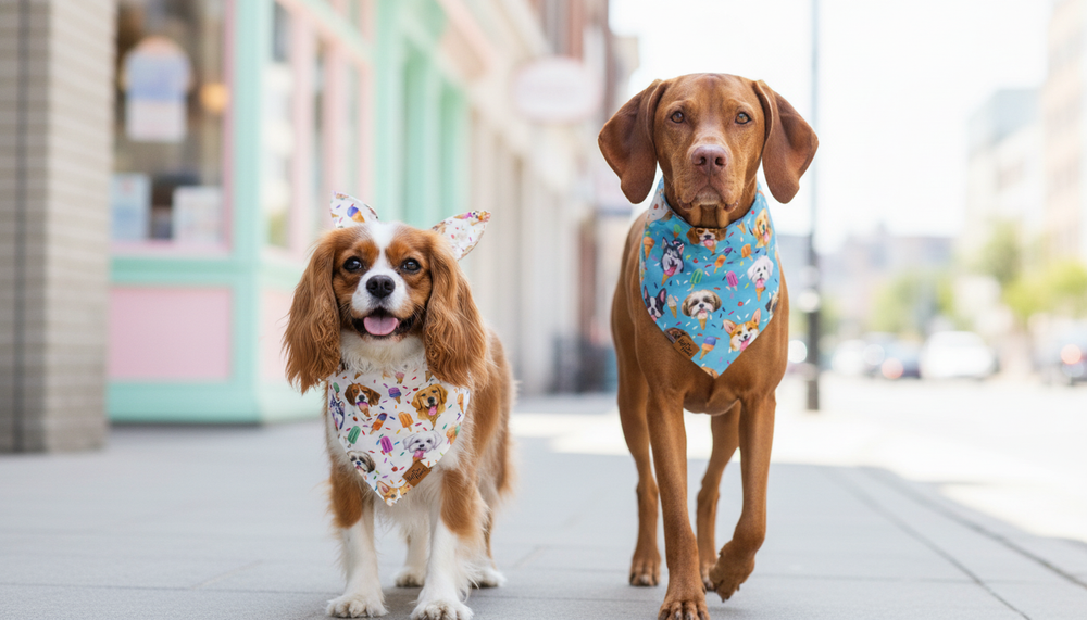 Cavalier Spaniel and Vizsla walking together wearing Scoops & Snoots reversible dog bandanas