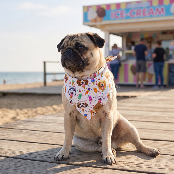 A dog wearing the Cream Scoops side of the Scoops & Snoots bandana