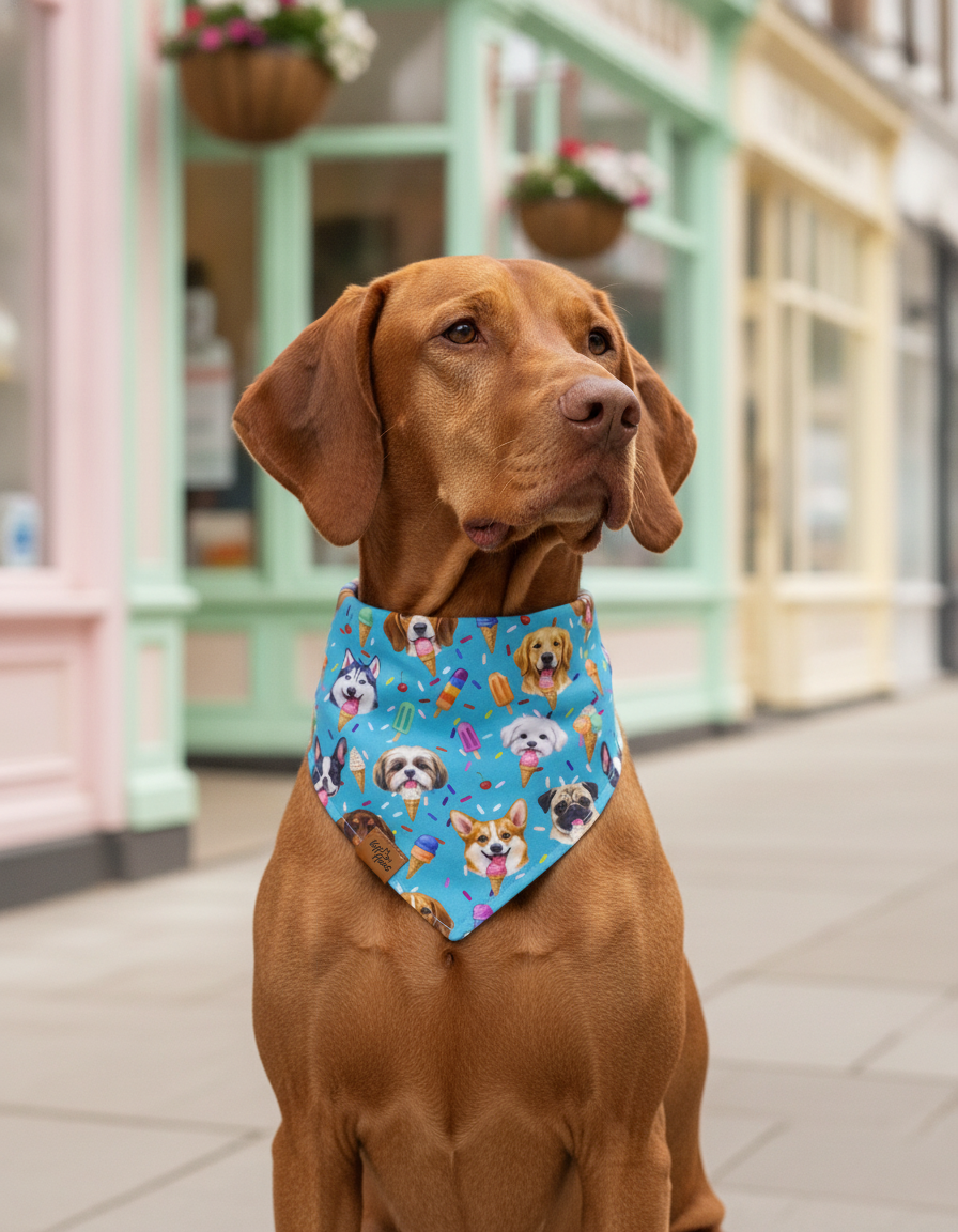 Vizsla sitting on a pastel street wearing the Scoops & Snoots reversible dog bandana in sky blue