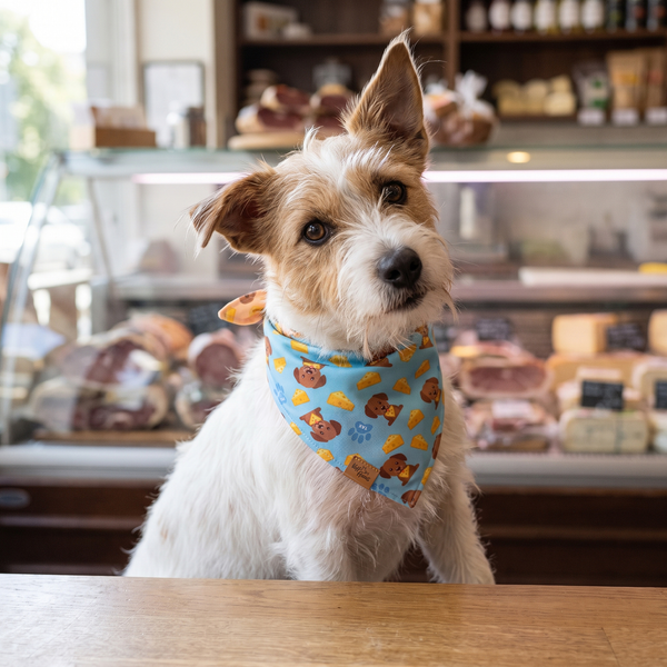 A dog wearing the Sky Blue side of the Cheese Snatcher bandana
