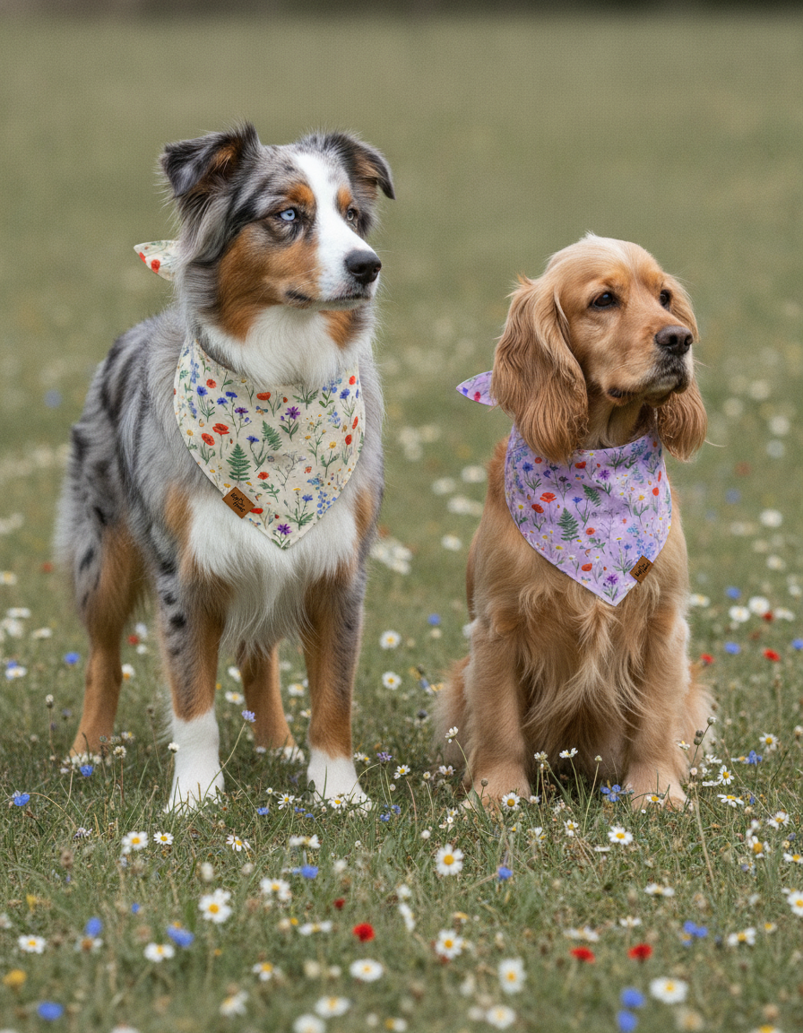 Australian Shepherd and Cocker Spaniel standing in a meadow in Wildflower Meadow dog bandanas