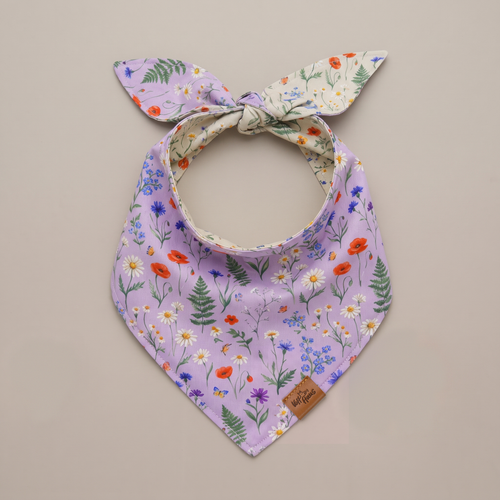 Wildflower Meadow reversible dog bandana, Lilac Meadow side, tied flat lay