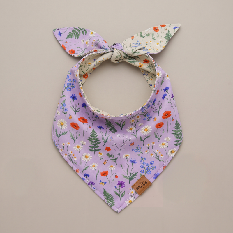 Wildflower Meadow reversible dog bandana, Lilac Meadow side, tied flat lay