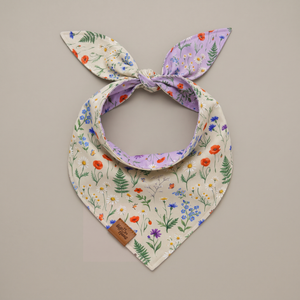 Wildflower Meadow reversible dog bandana, Ivory Meadow side, tied flat lay