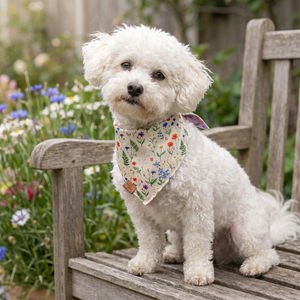 A dog wearing the Ivory Meadow side of the Wildflower Meadow bandana